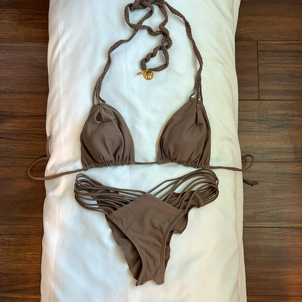 Luli Fama Gold and Brown Bikini Set